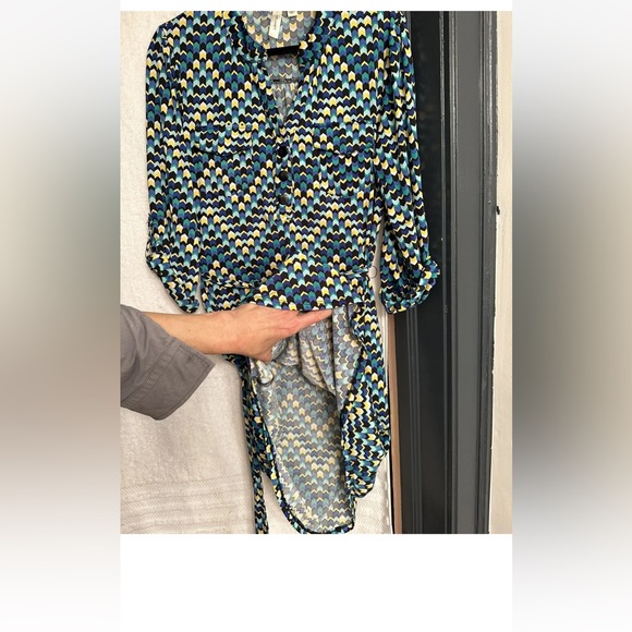 tacera women green Zig Zag Print button up shirt dress size L - Picture 9 of 16